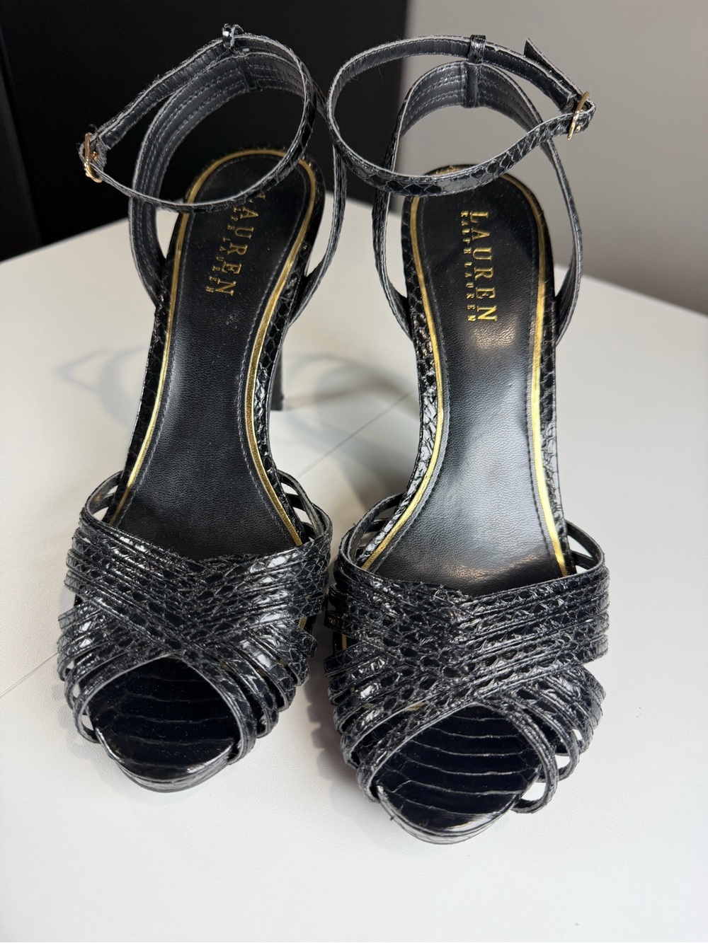 Lauren Ralph Lauren Kadie Black Woven Ankle-Strap Peep-Toe Heels